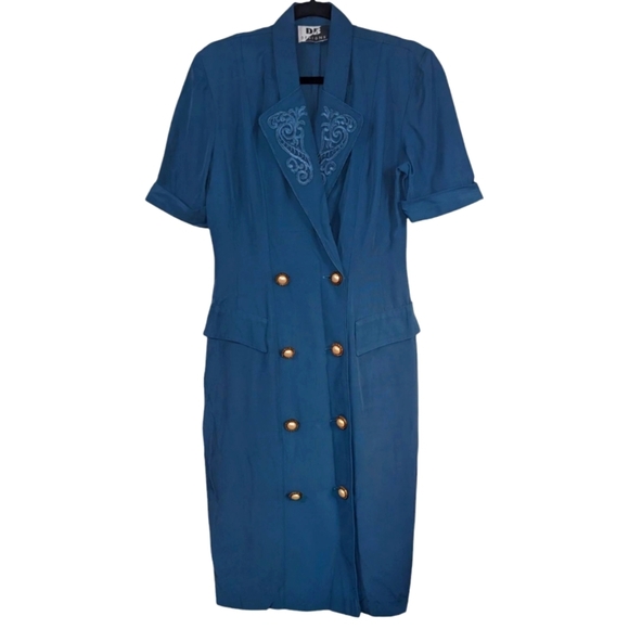 Vintage  Blue Double-Breasted Dress with Embroidery - Picture 1 of 6